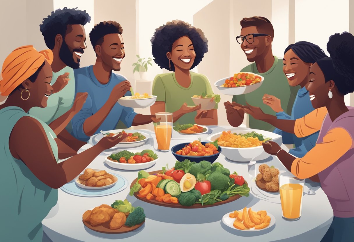 A digital illustration of a family at the dining table enjoying dinner