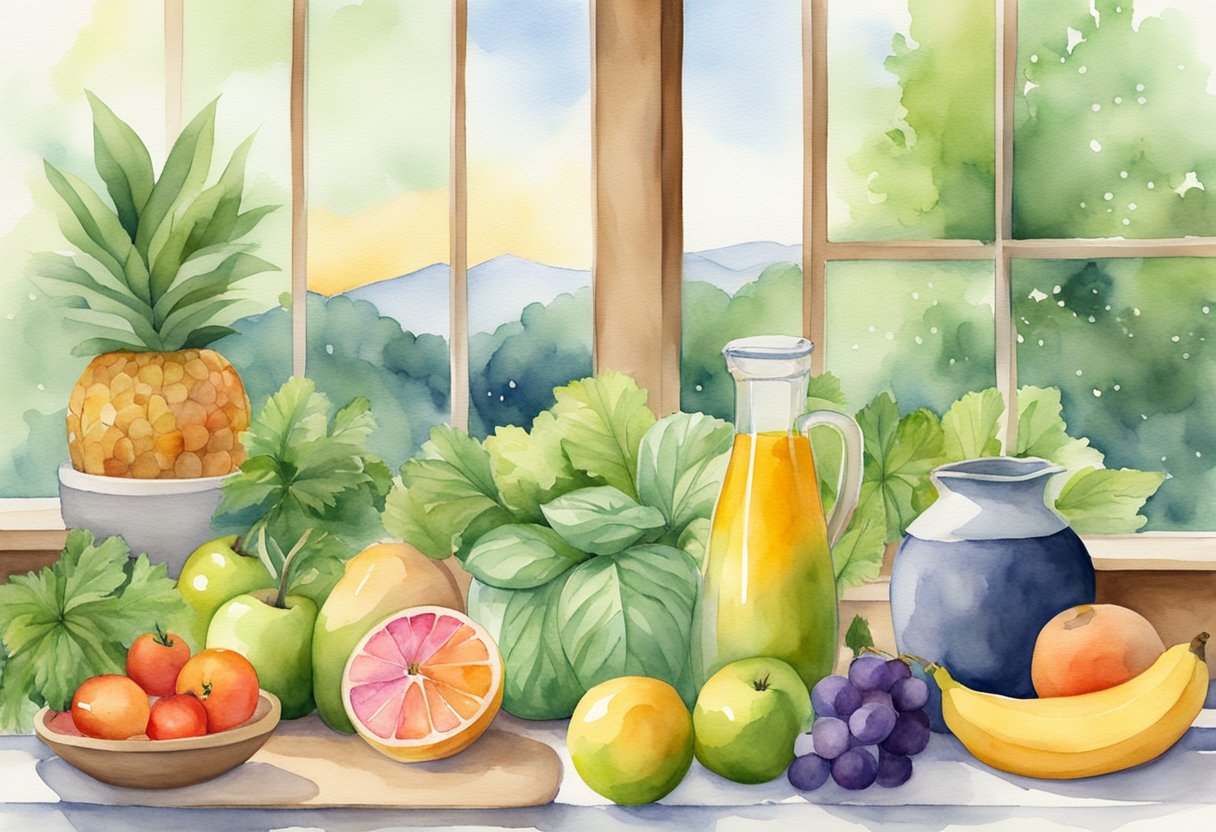 A digital watercolor illustration of a table full of frutis and vegies