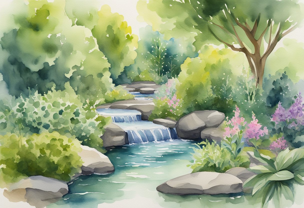 A digital watercolor illustration of a small stream surrounded by lush foliage.