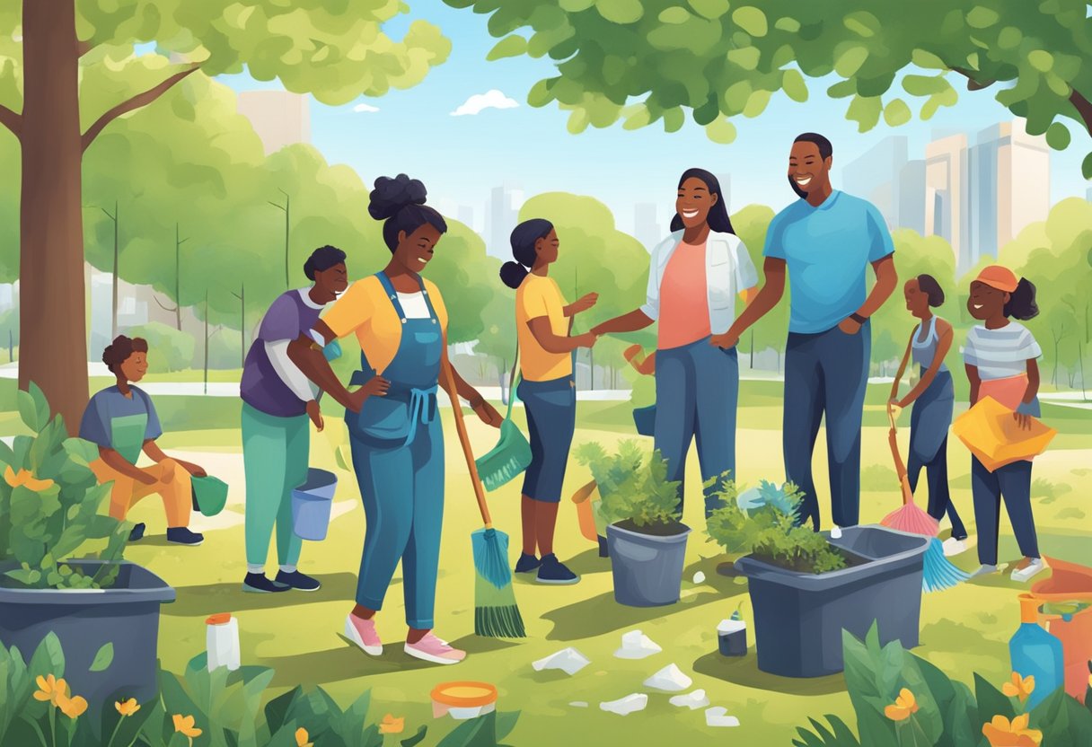 A digital illustration of a group of people cleaning up their neighborhood
