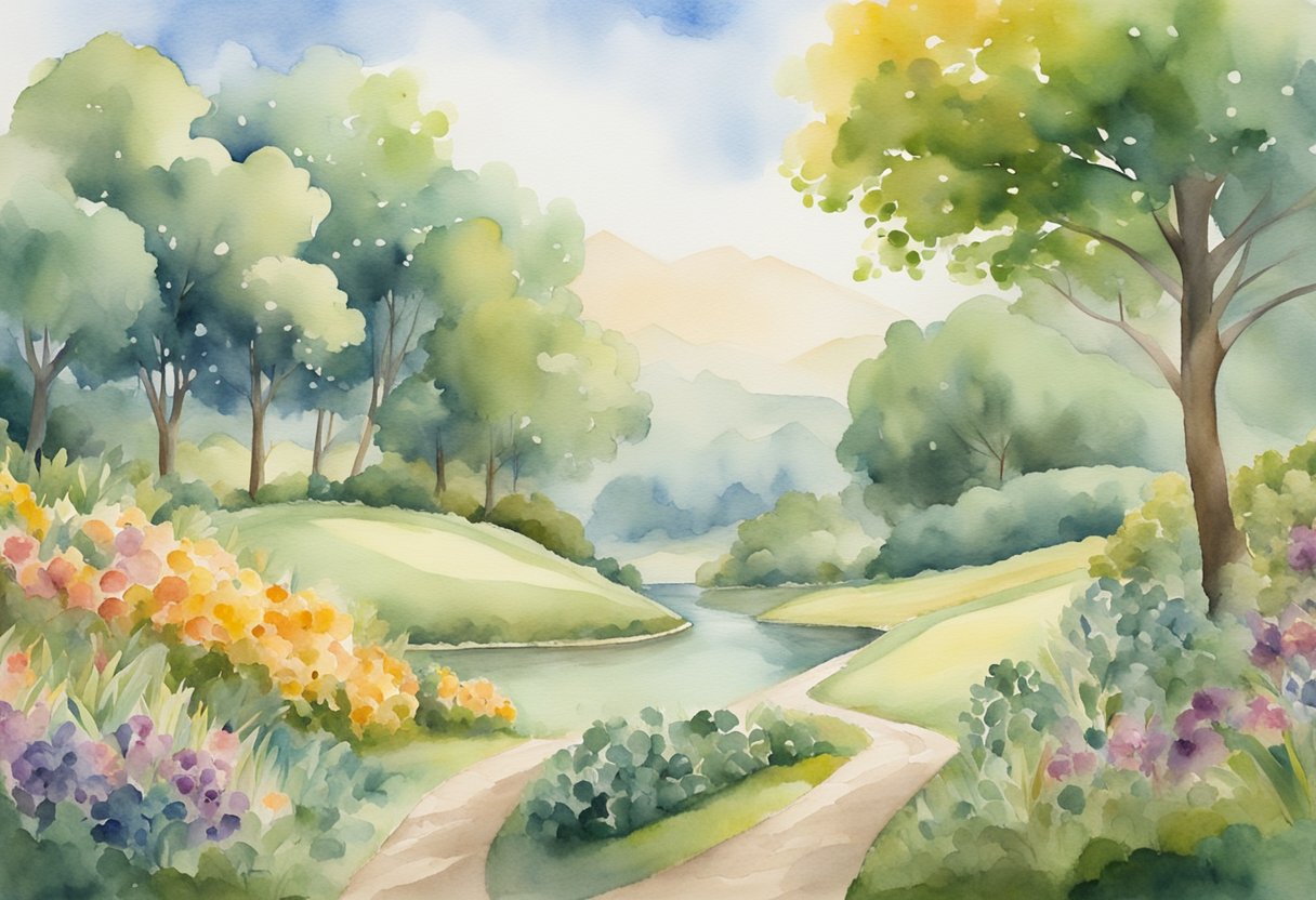 A digital watercolor illustration of a pond with flowers, trees and mountains