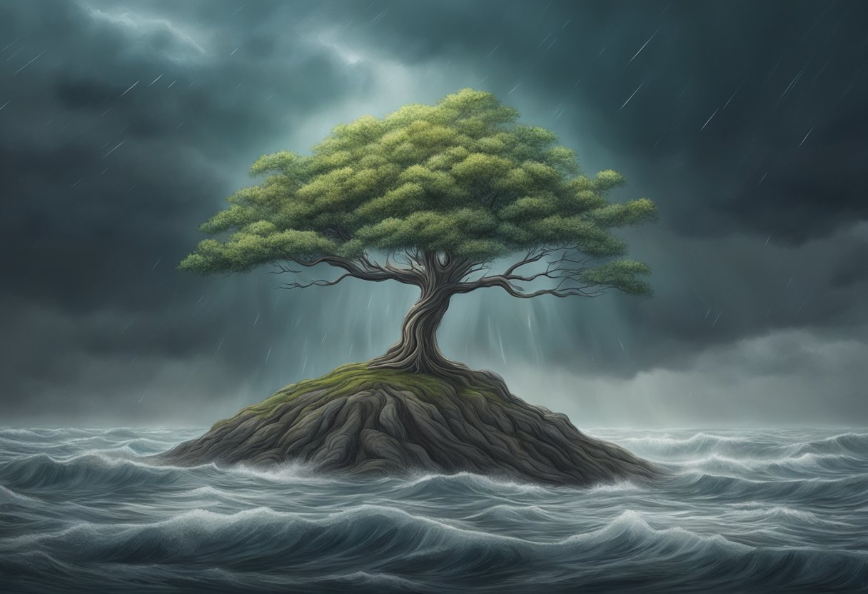 A digital illustration of a tree of life on a loan island in the middle of a storm