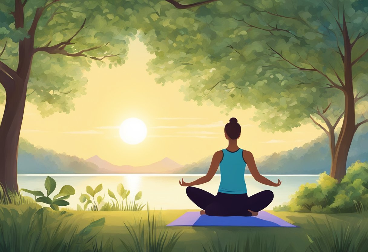 A digital illustration of a woman practicing yoga under some trees at sunrise