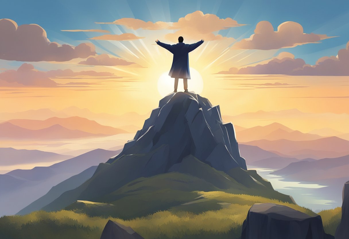 A digital illustration of a man on top of a mountain in the middle of a sunrise