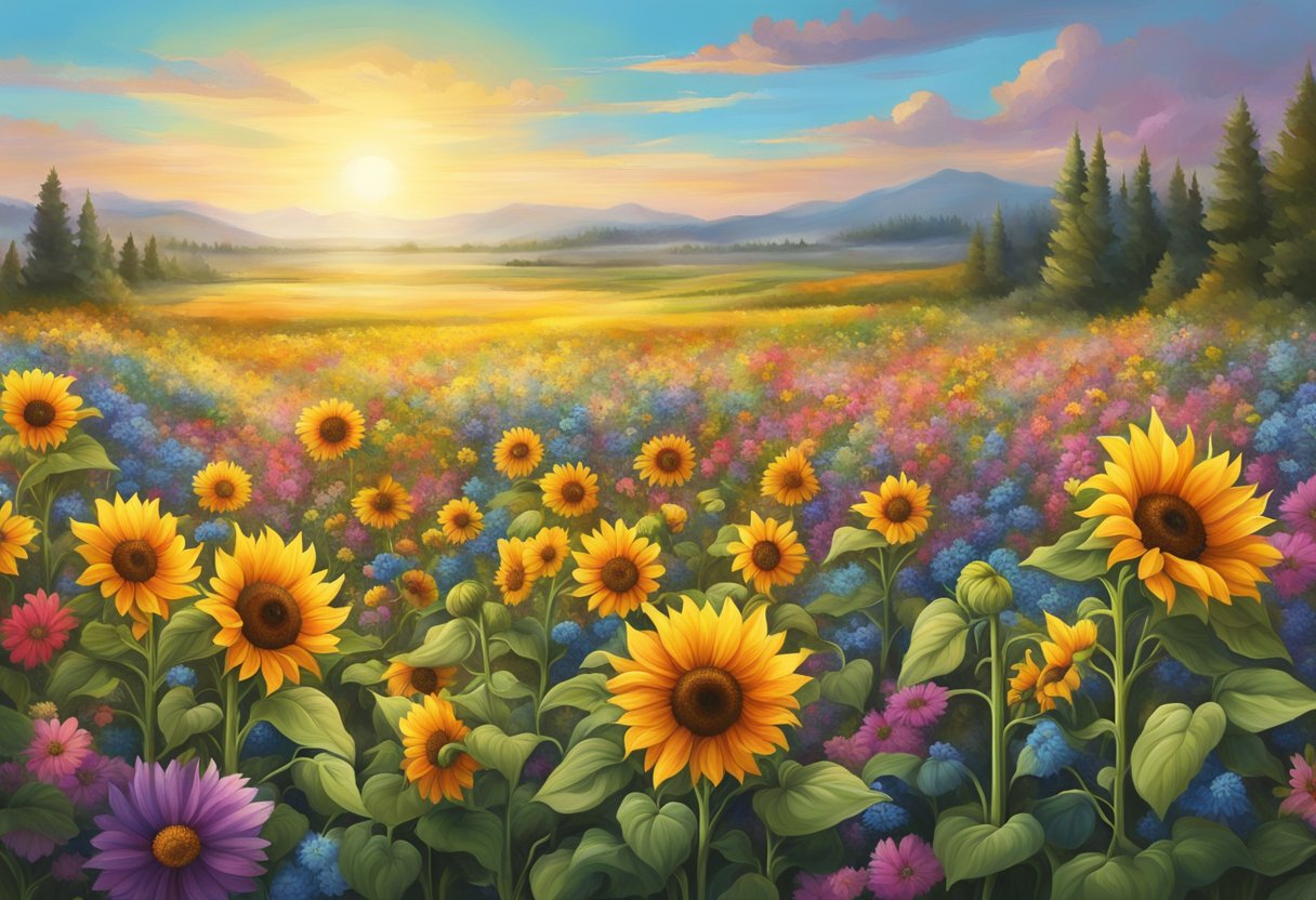 A digital illustration of a sunflower field