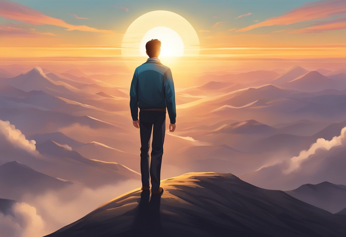A digital illustration of a man on top of a mountain while observing the sunset