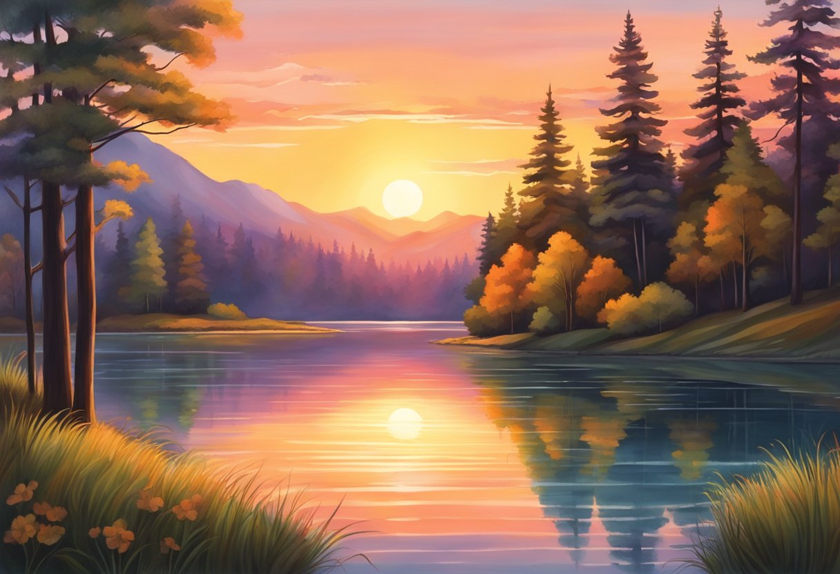 A digital illustration of a mountain lake sunset