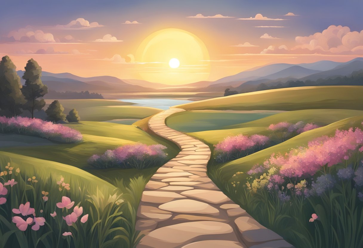 A digital illustration of a a stone path through the middle of a country side at sunset