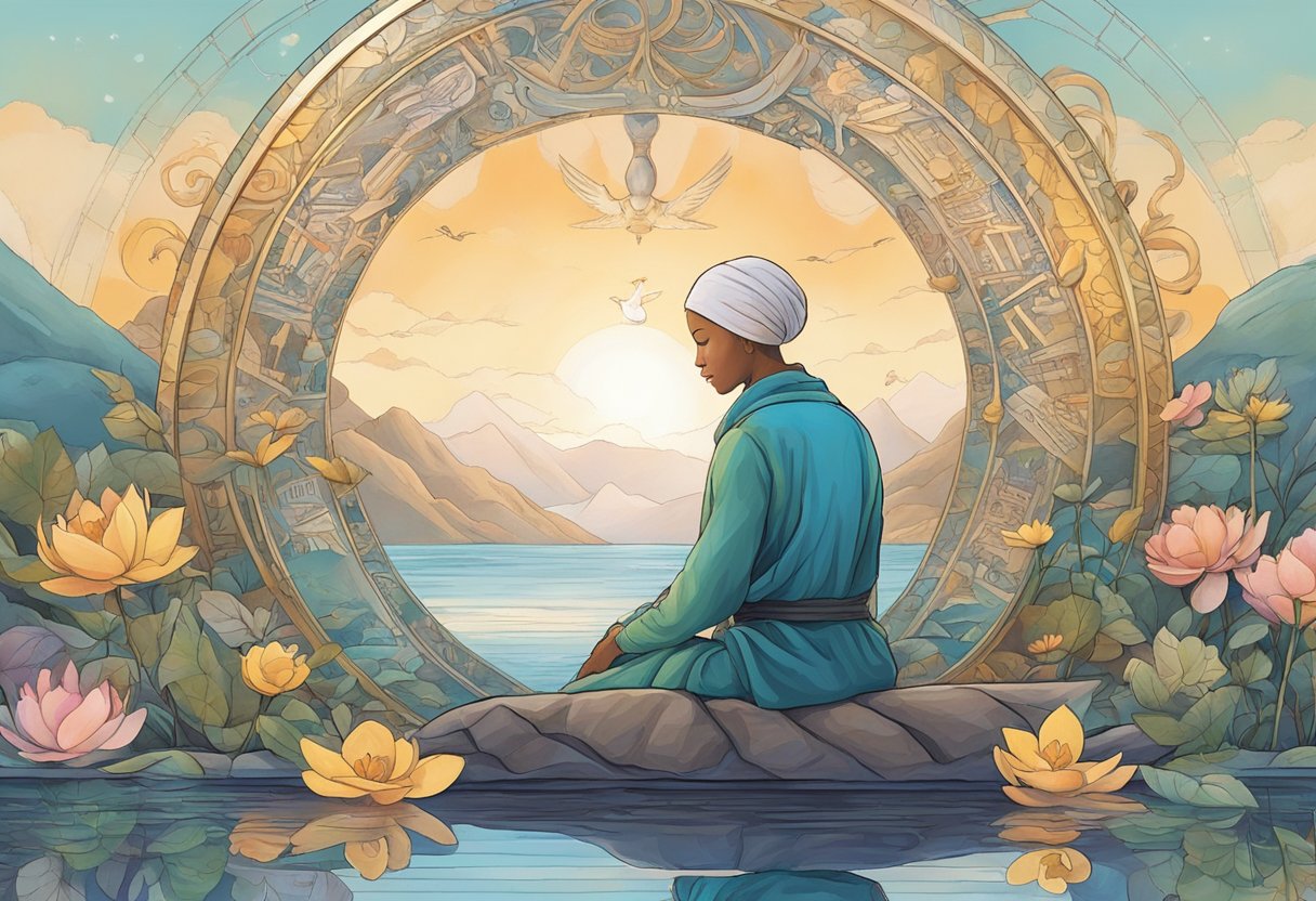 A digital illustration of a woman sitting on a rock on a lake with the sun and background framed in a circle