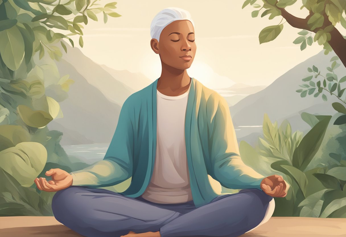 A digital illustration of a woman practicing meditation as a metaphor for strategies for enhancing resiliency