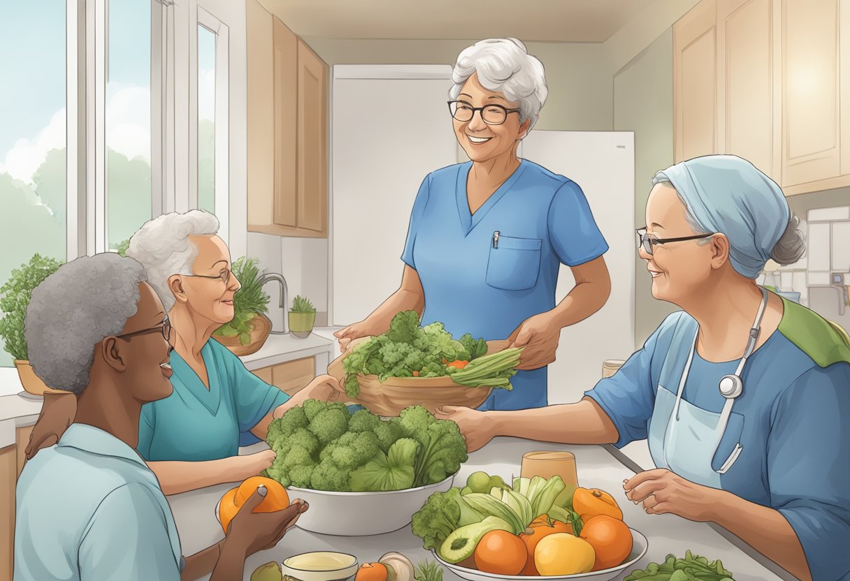 A digital illustration of a group of friends cleaning fresh vegetables