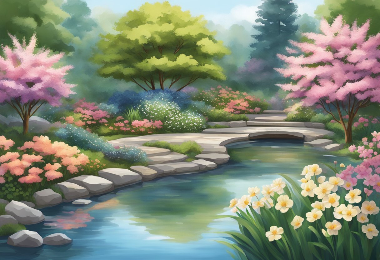 A digital illustration of a beautiful garden with a pond and blooming trees and flowers