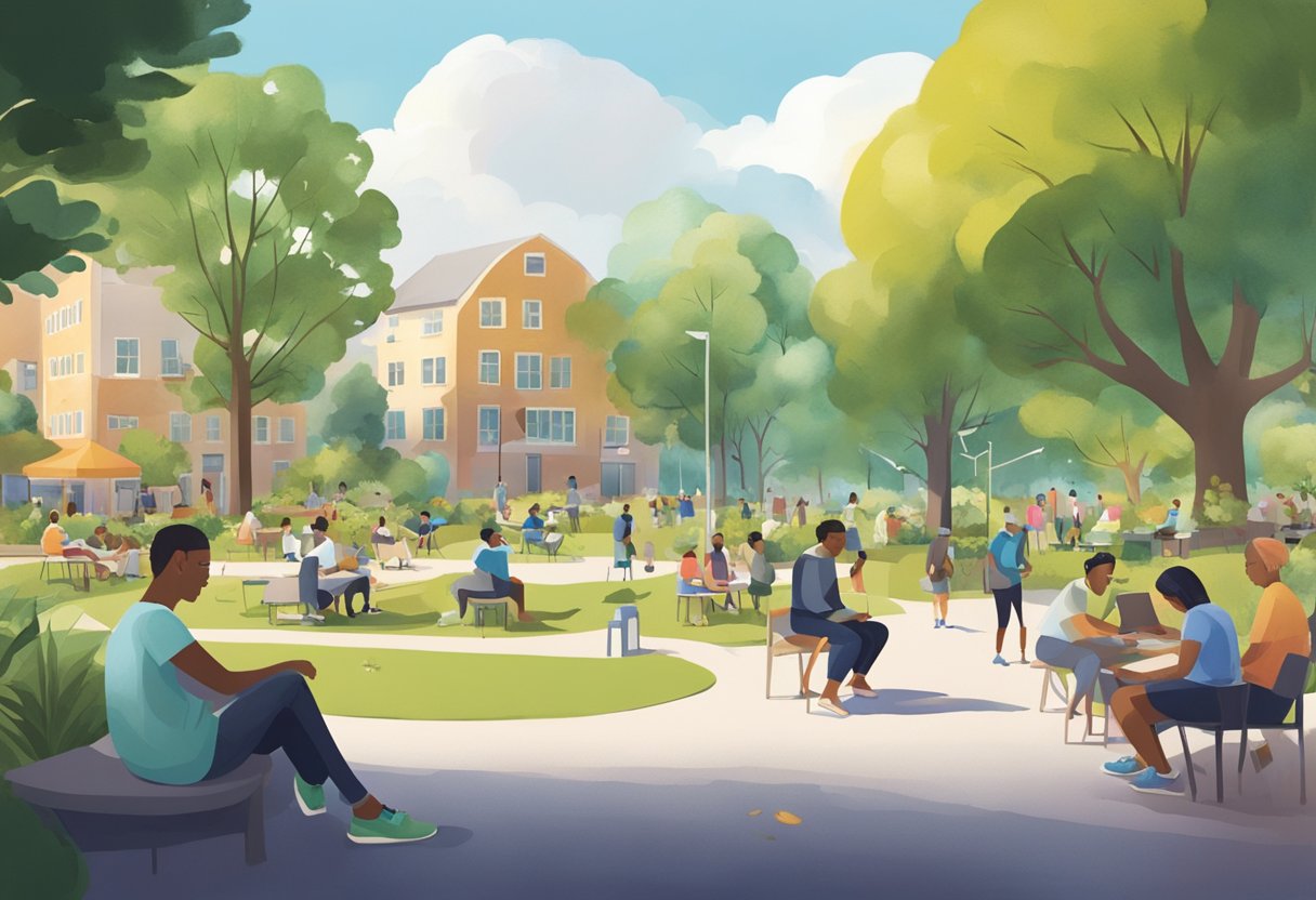 A digital illustration of people enjoying life quality and social elements in an urban park setting