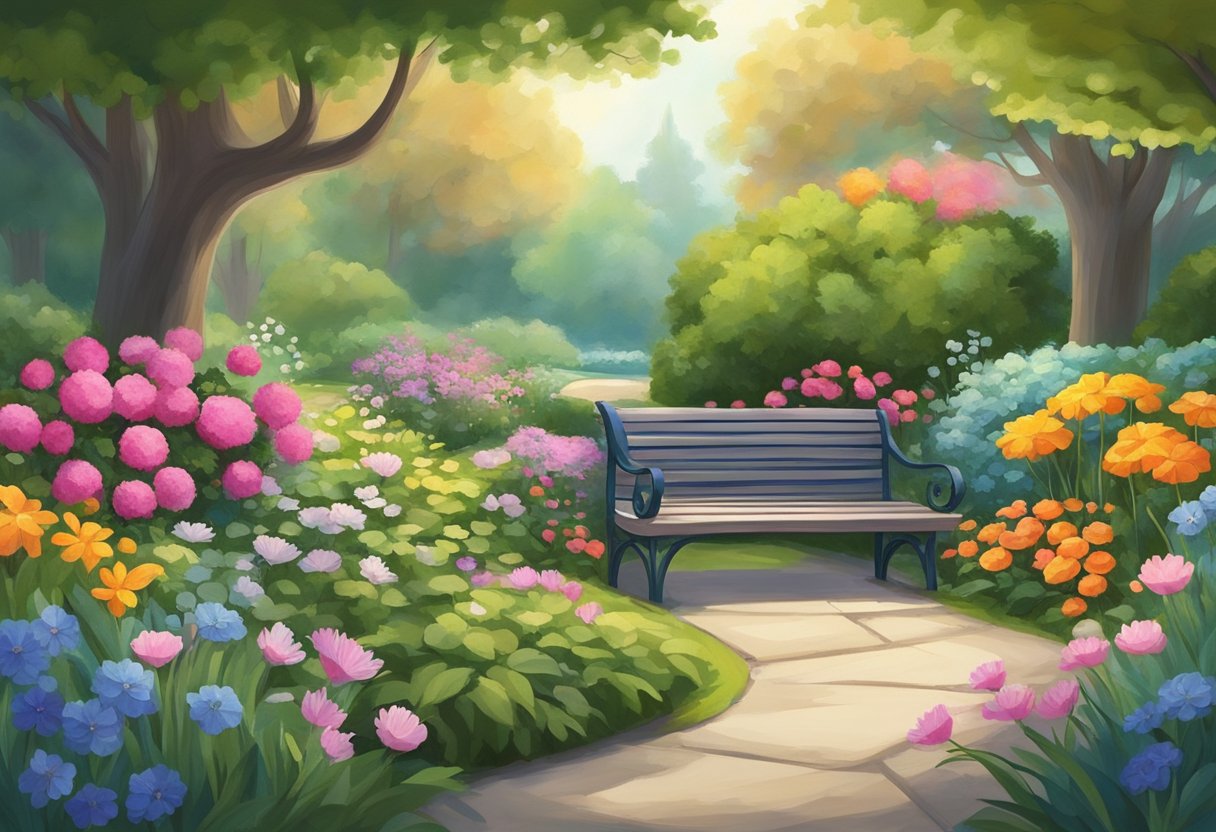 A digital illustration of a park bench in a seren setting with flowers and trees