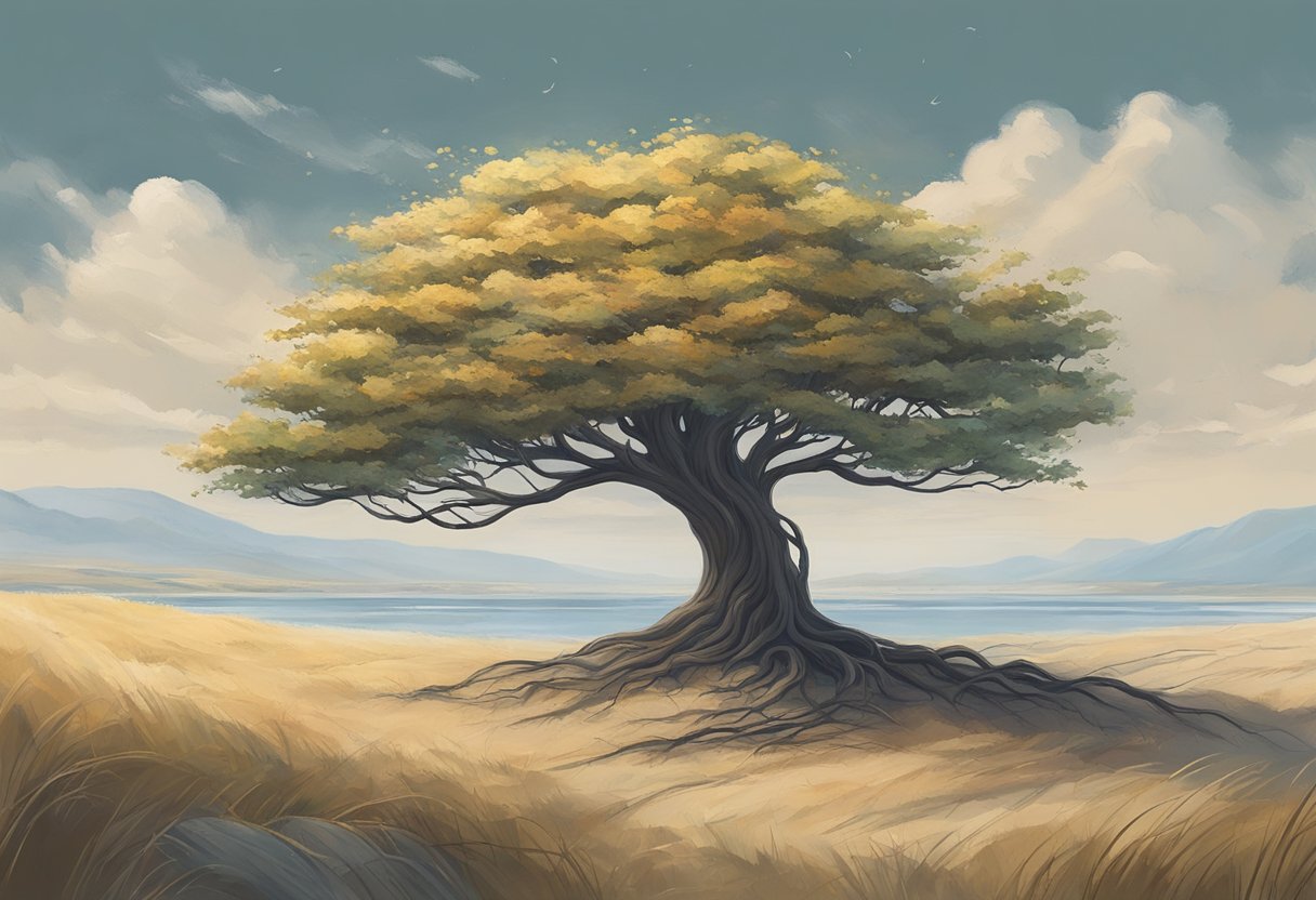 A digital illustration of a tree of life near a lake in a grassy field as a medifore for adversity and growth