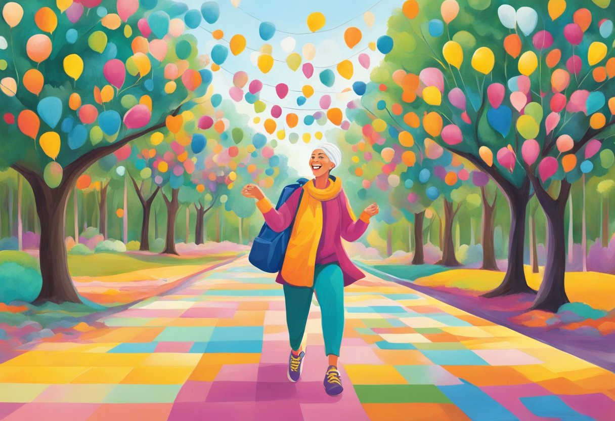 A digital illustration of a woman running down a colorful walkway with balloons as a metaphor for Navigating Post-Treatment Life