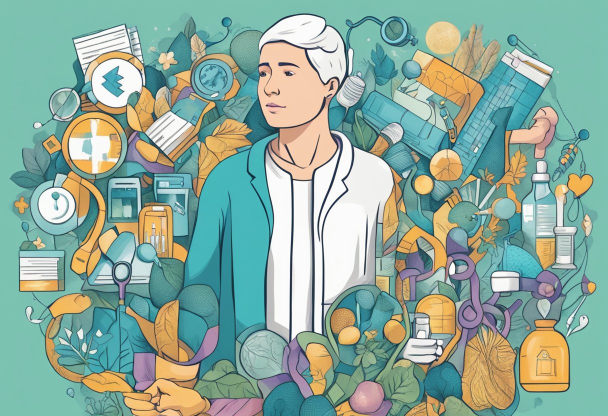 A digital illustration of a cancer survivor with different healthcare and supportive resources surrounding him