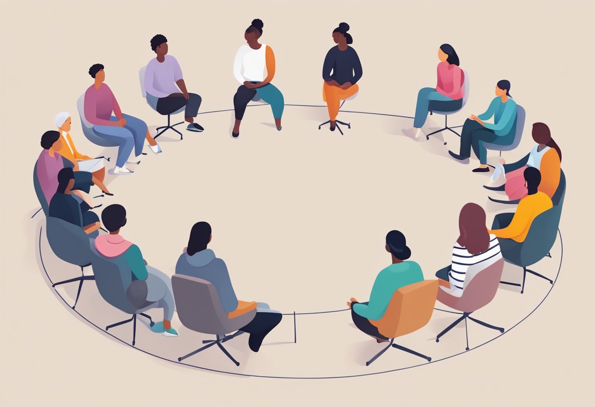 A digital illustration of a support group sitting in a circle