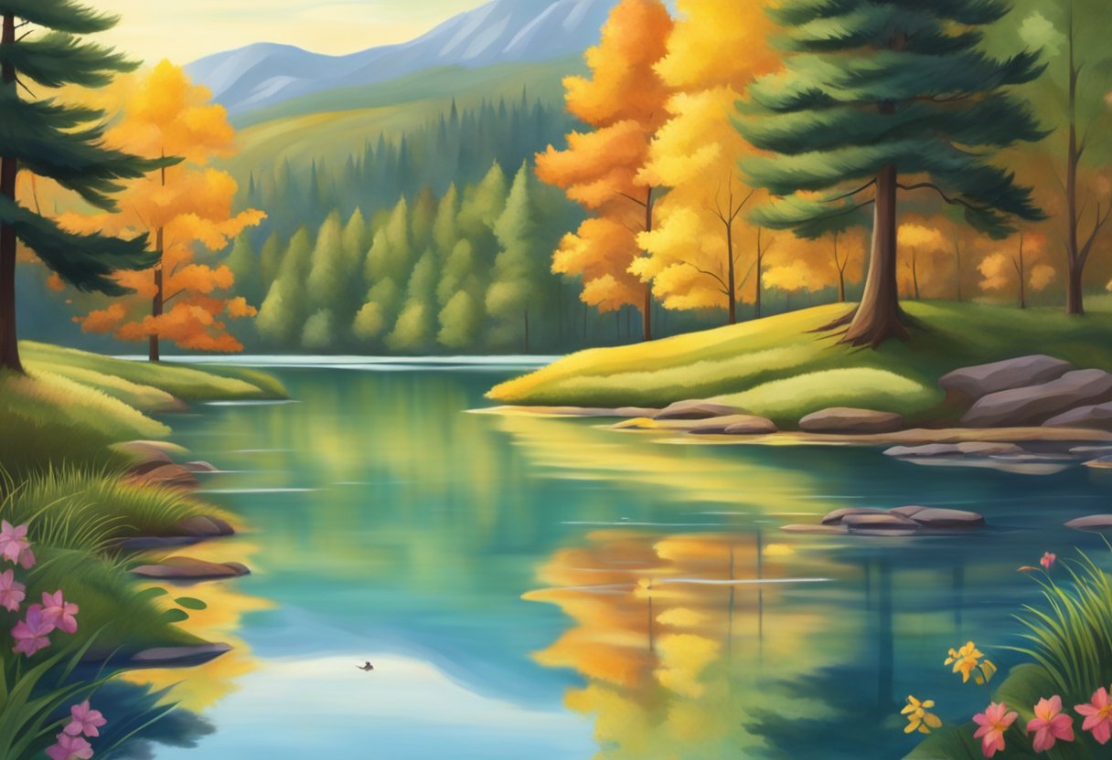 A digital landscape illustration of a mountain lake with fall colors
