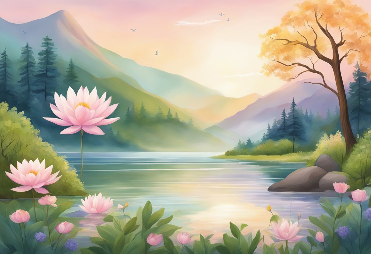 A digital illustration of a landscape of a mountain lake with flowers and trees