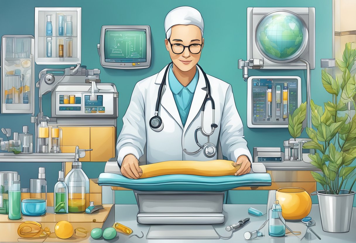 A digital illustration of a doctor working in a tech lab.