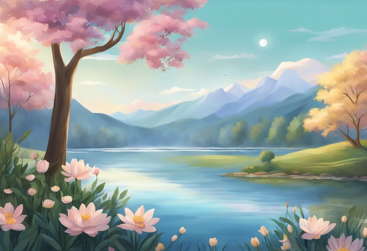 A digital illustration of a landscape of a lake, flowers and blooming trees in a mountain valley with the moon