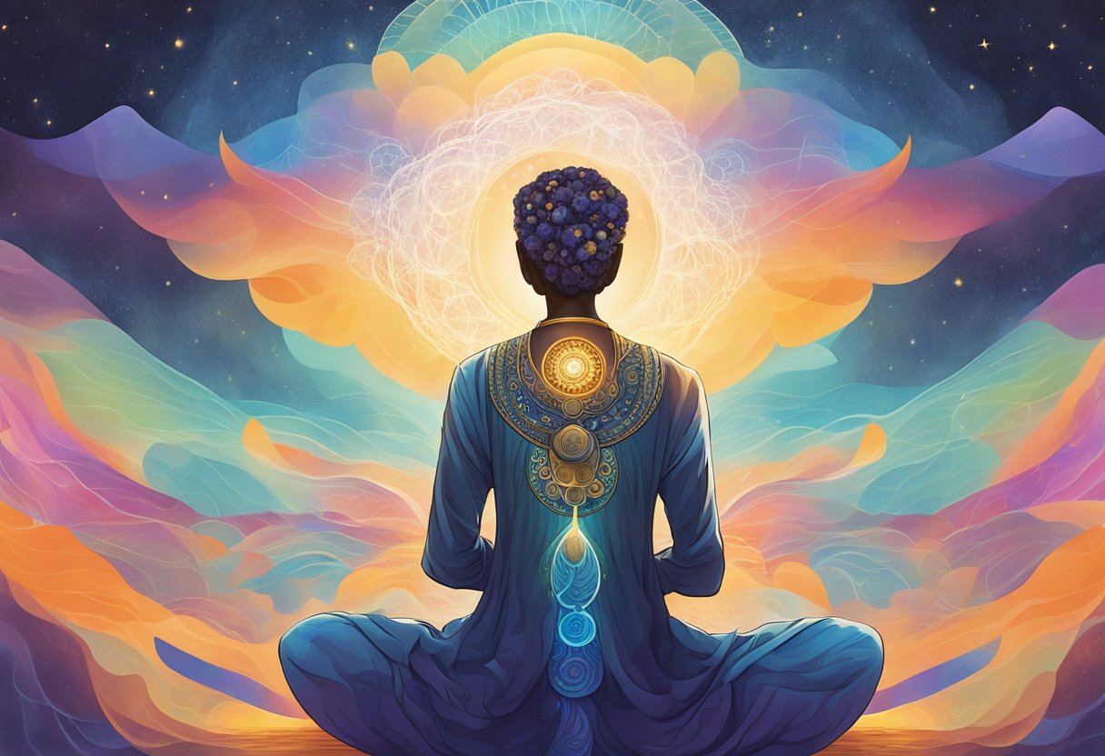 A digital Illustration of a person meditating with shakara symbolism along the spine