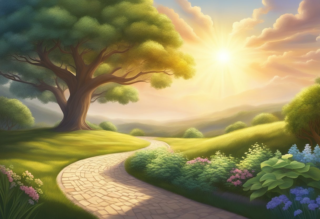 A digital illustration of a stone path through a field past a old tree