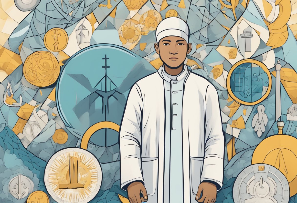 A digital illustration of a man with a collage of faith items in the background