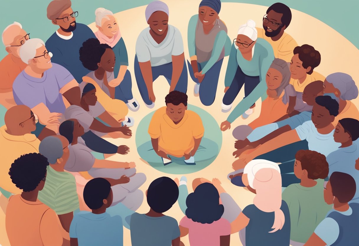 A digital illustration of a support group with a center figure