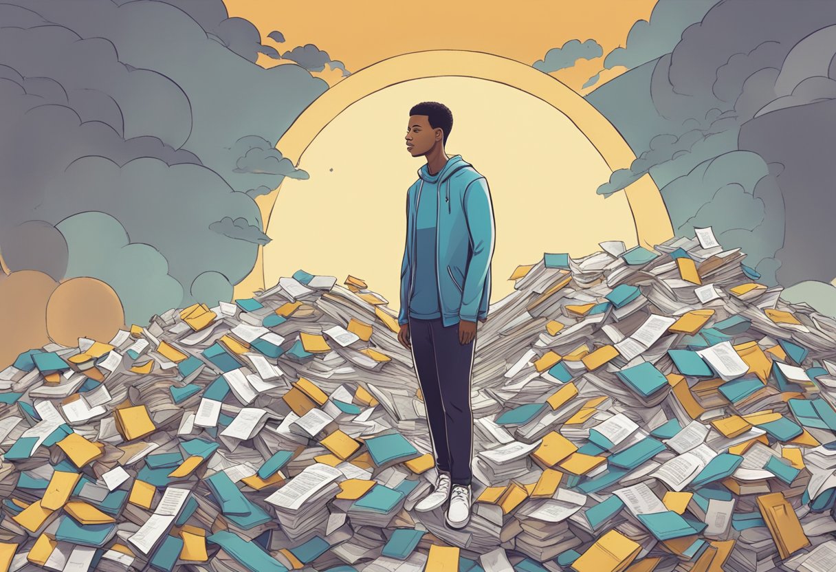 A digital illustration of a man standing on a pile of books during a sunset