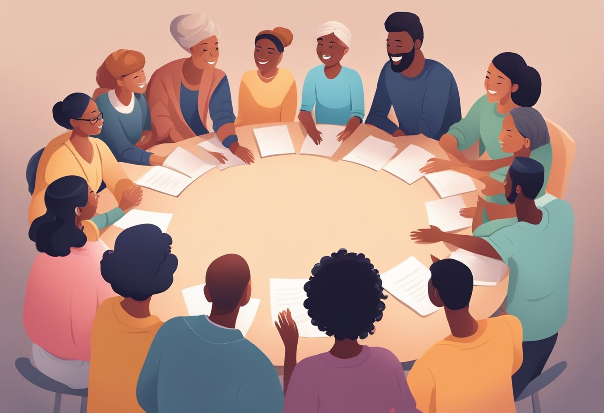 A digital illustration of a support group round table