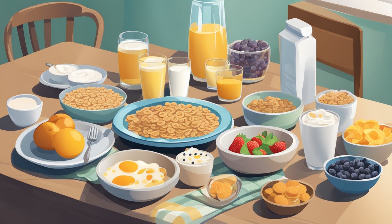 A very large breakfast set out on a kitchen table