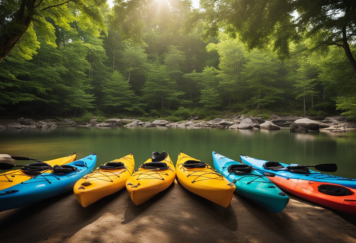 kayaks of different colors on the shore