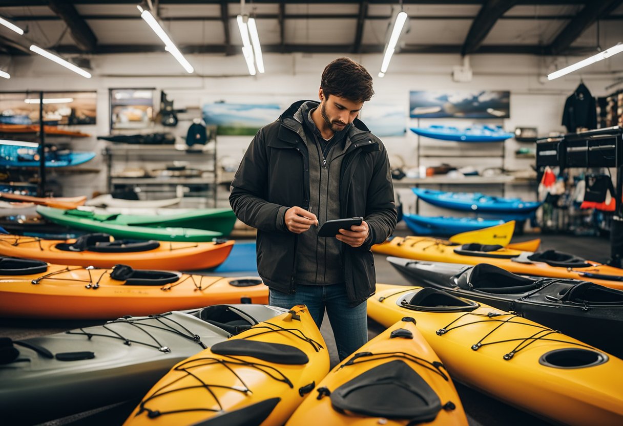 man inside a store in front of kayaks