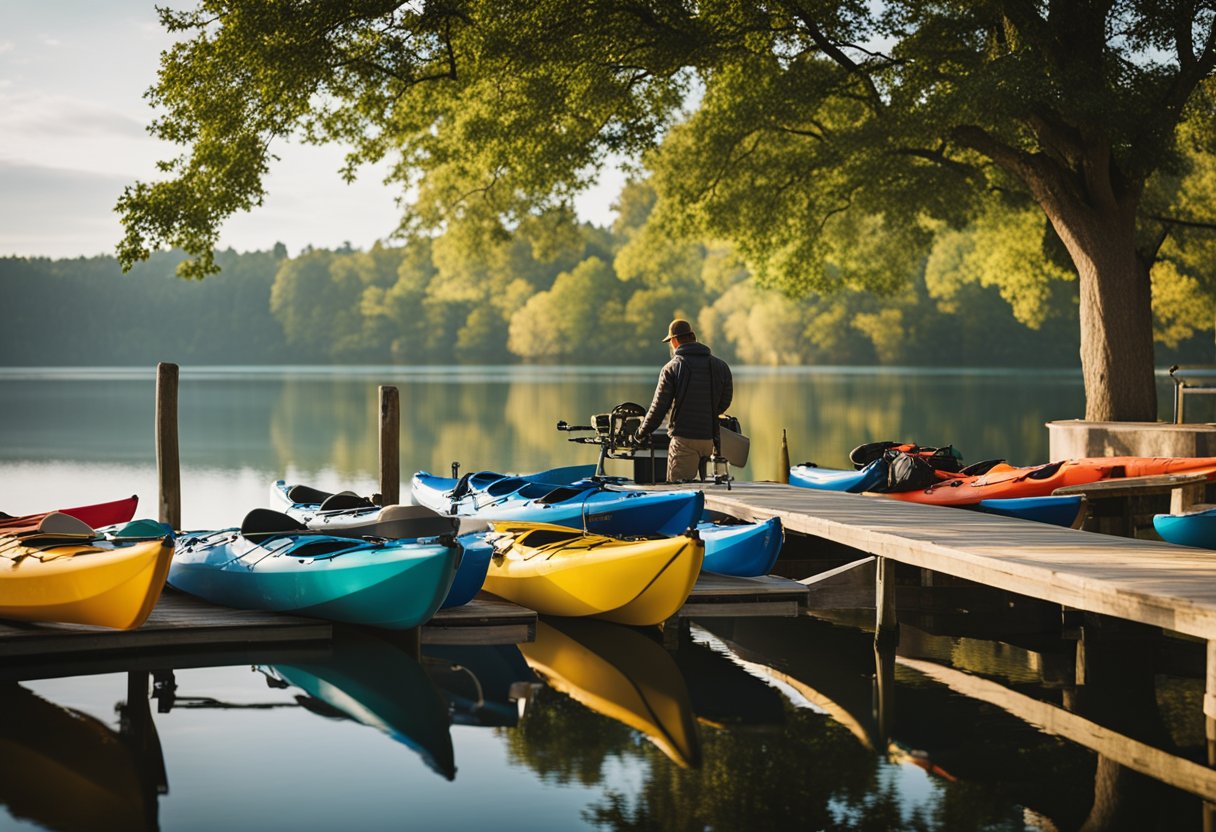 man on a dock with kayaks all around