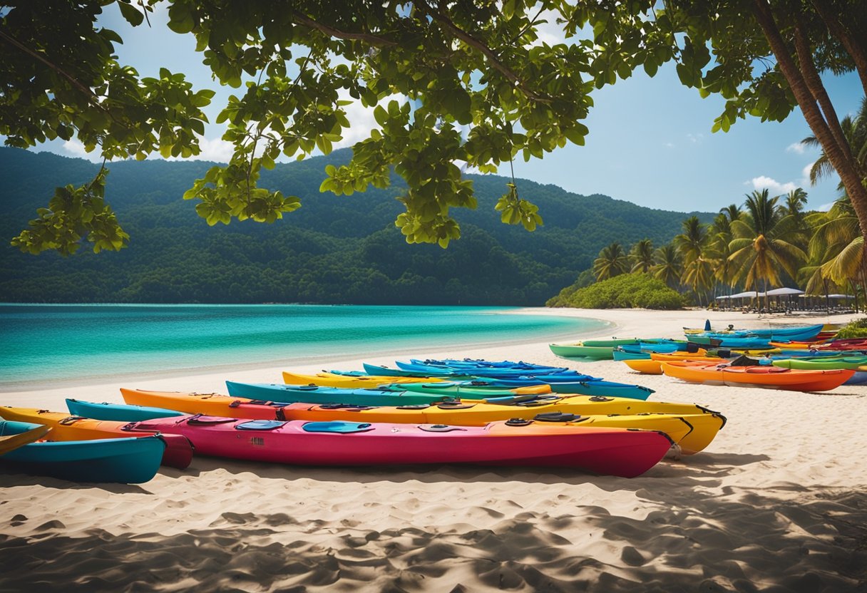 multiple kayaks of different color on the shore
