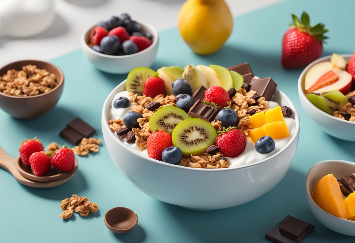 healthy granola with fruit and yoghurt in a bowl