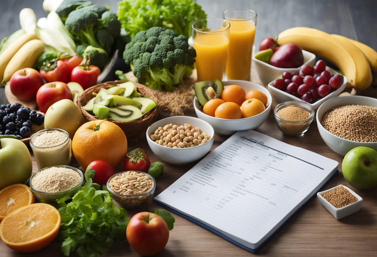 a table of fruits, vegetables, and grains, along with a clipboard containing a list