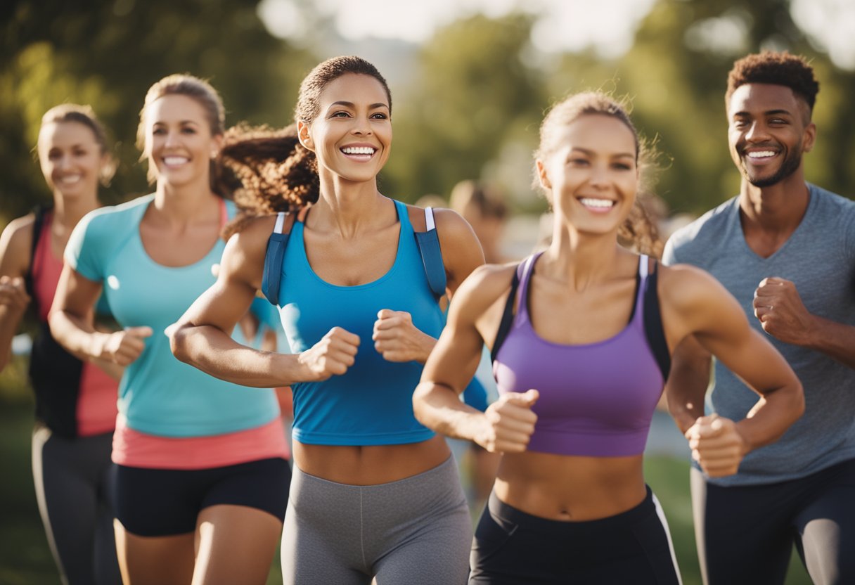 a group of women and a man jogging and smiling