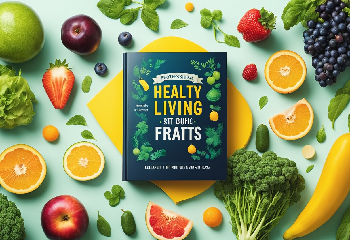 a book cover for healthy living surrounded by fruits and vegetables