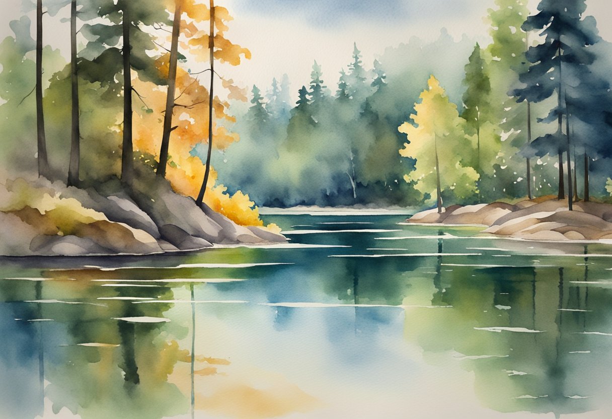 A digital watercolor of a calming lake in a forest with reflections