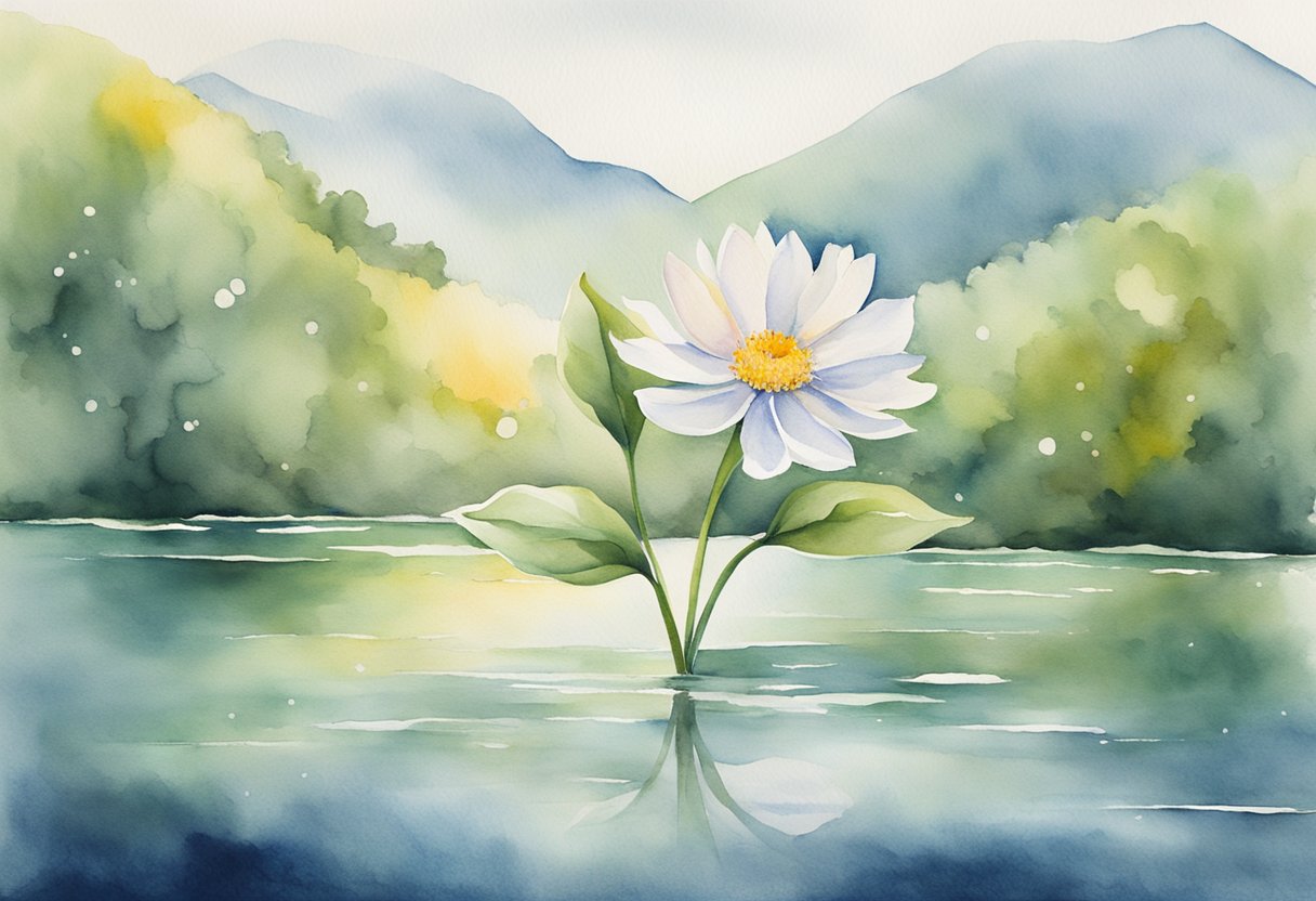 A digital watercolor of a lake in a mountainous area centered with a flower