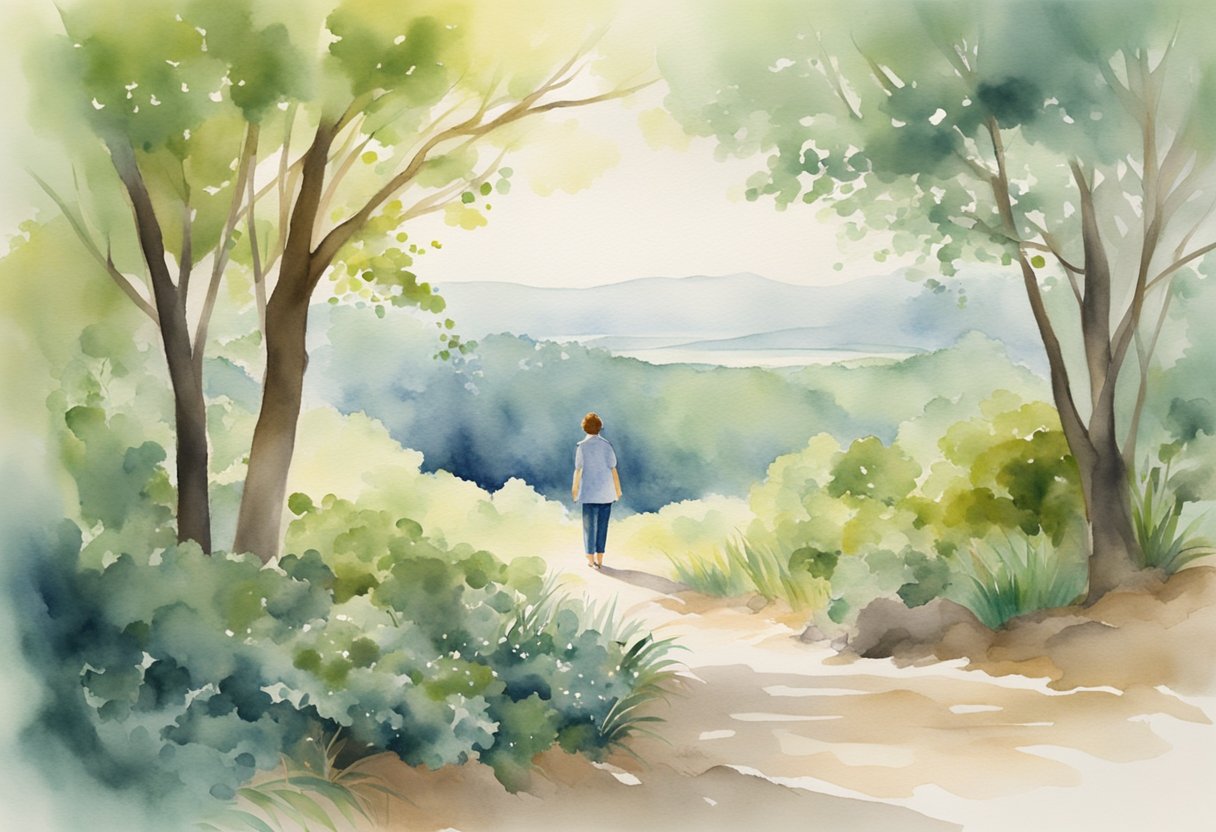 A digital watercolor of of a woman walking on a path through a forest and open area