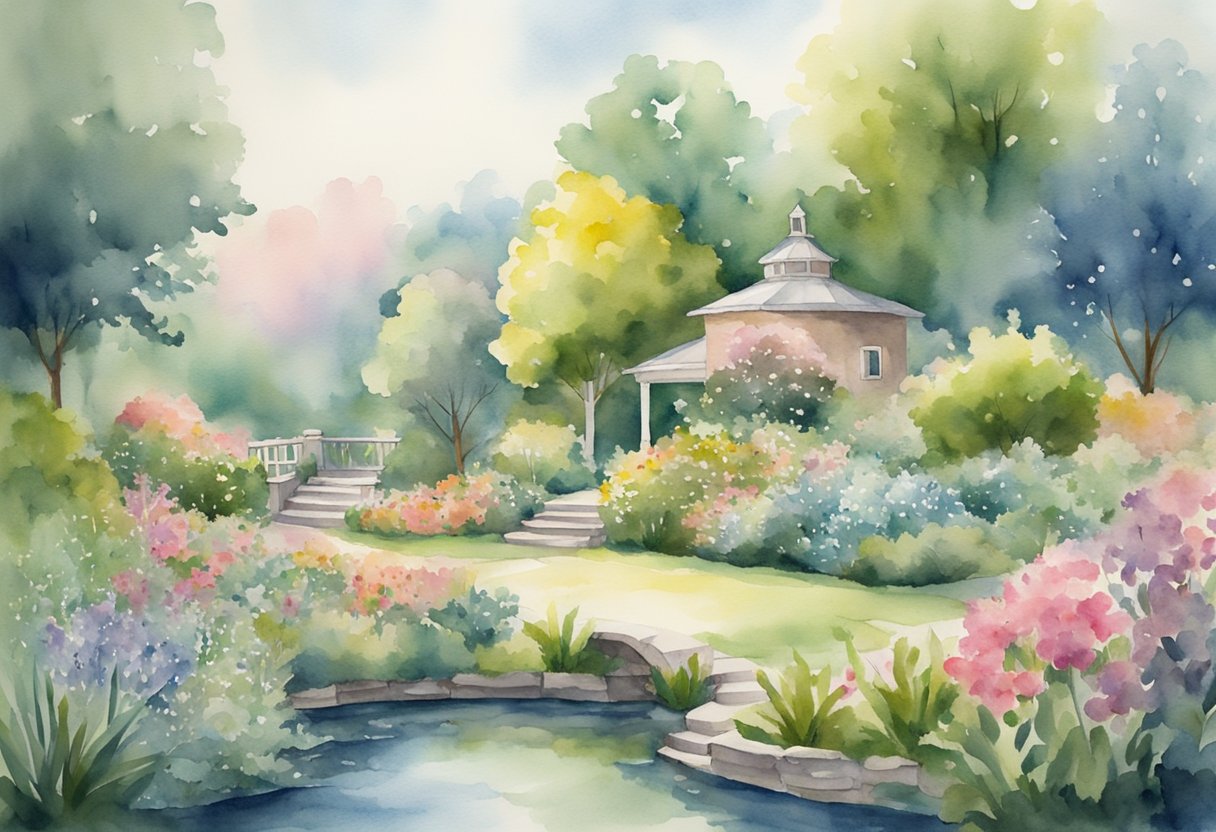 A digital watercolor of a back yard garden with water feature and a pergola