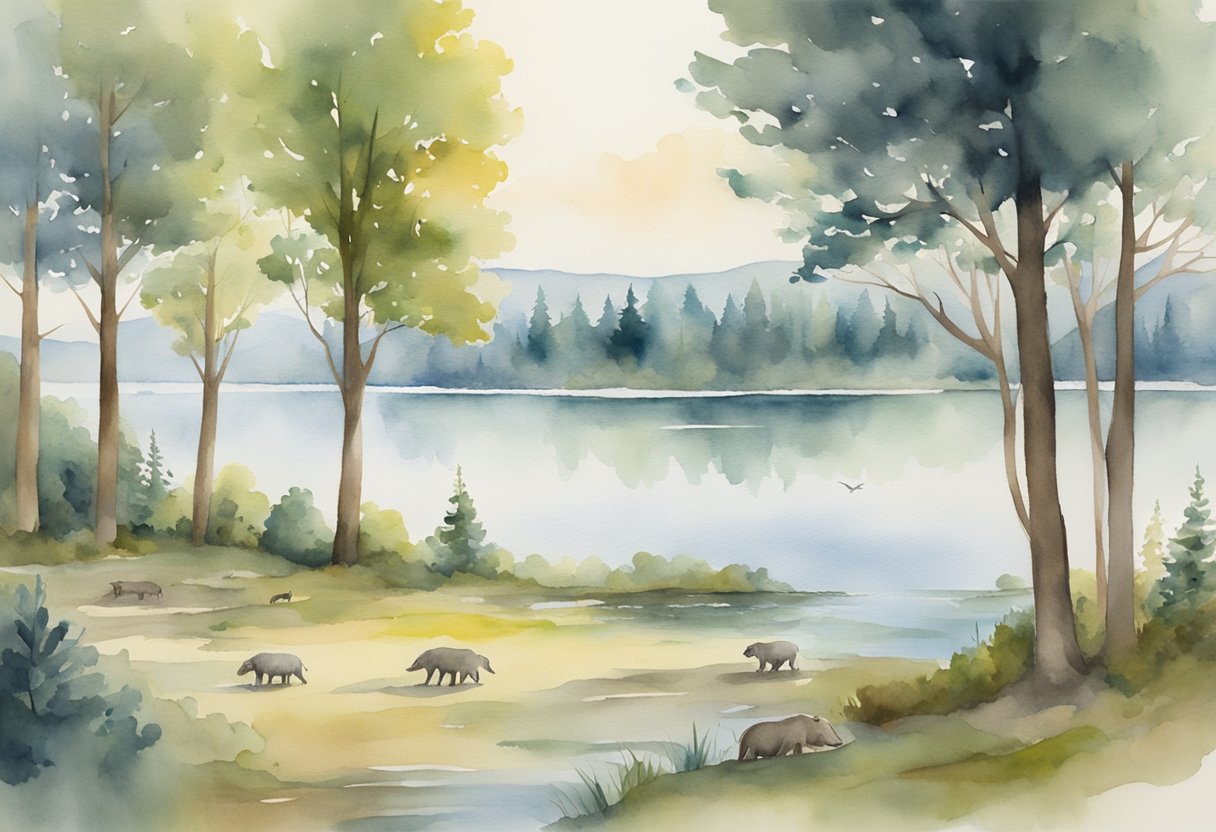 A digital watercolor of a lake and trees with little roaming animals