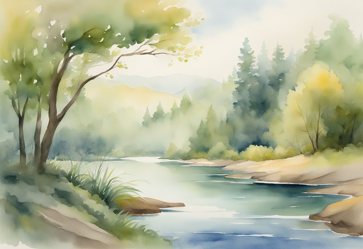 A digital watercolor of a calming lake and forest