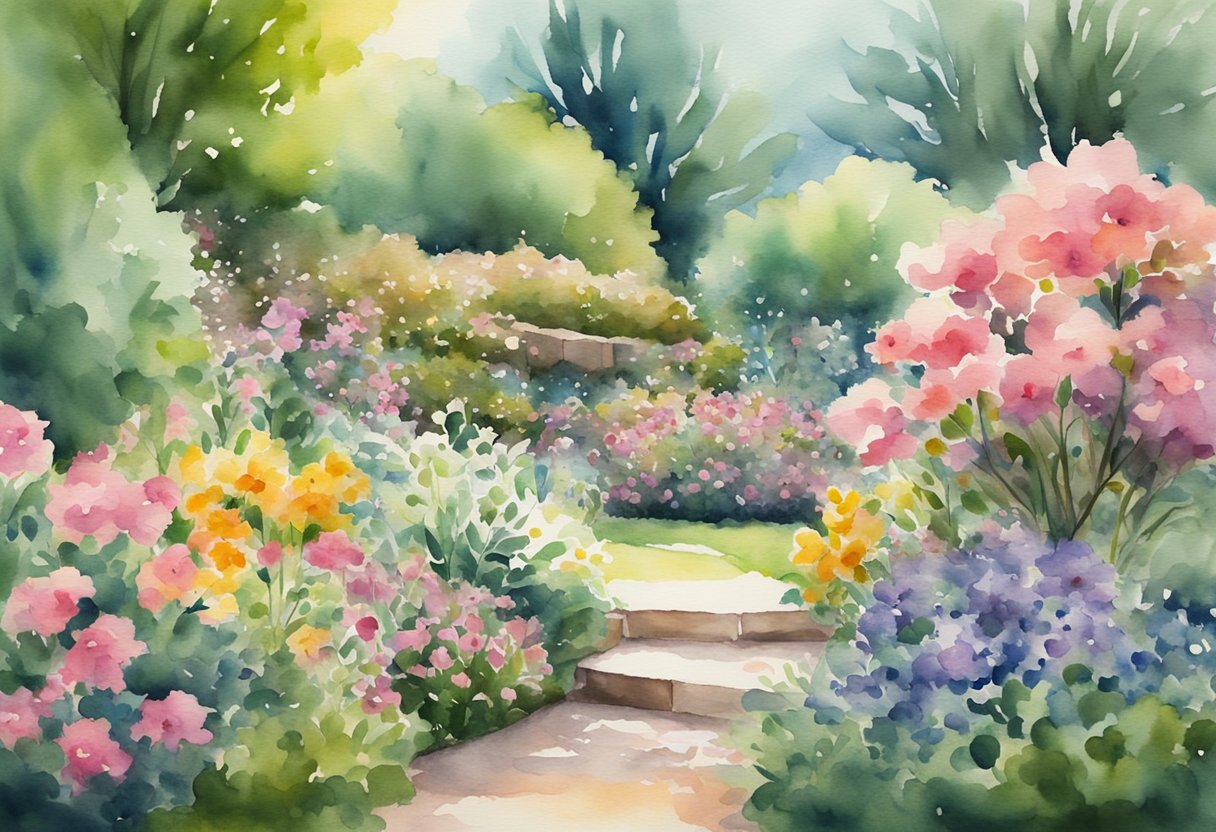 A digital watercolor of a backyard garden