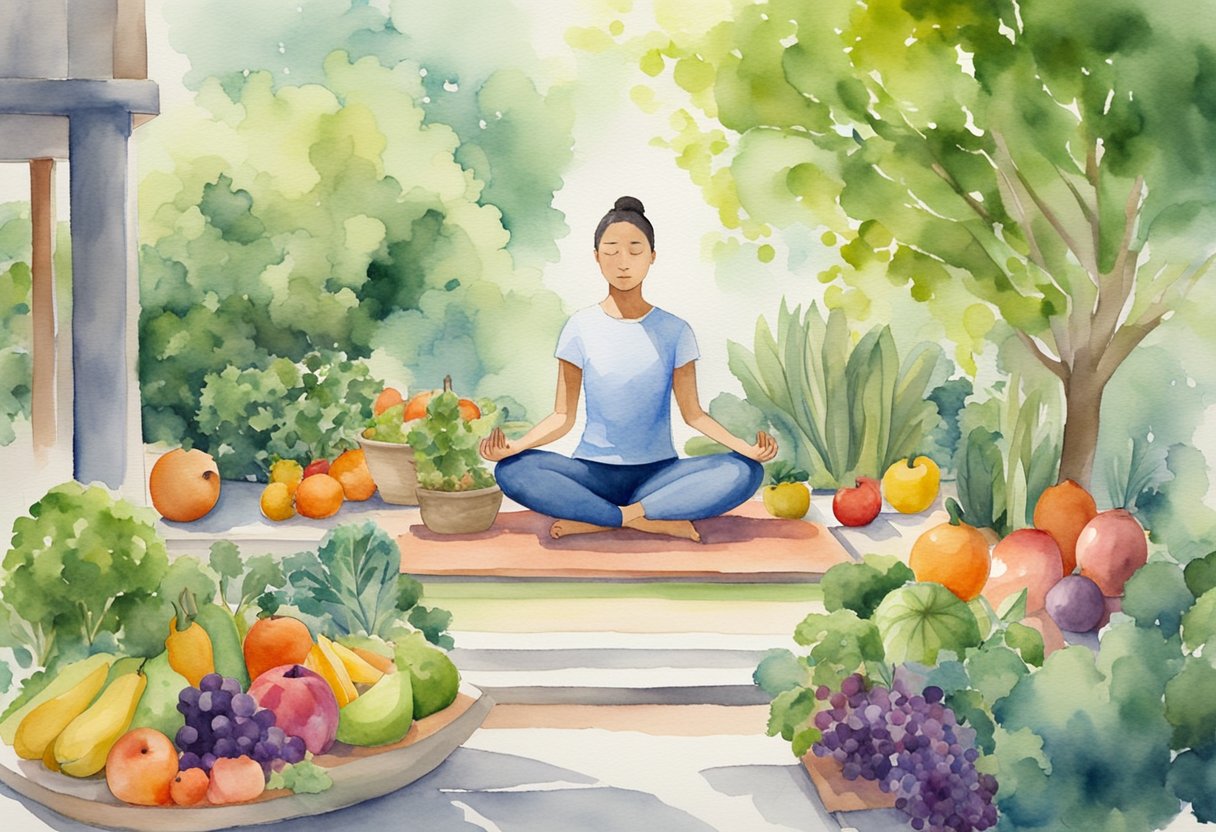 A digital watercolor of a woman practicing yoga with a bountiful harvest from the garden