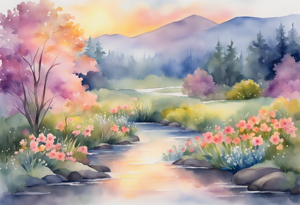 A digital watercolor of a mountain stream with flowers and blooming trees